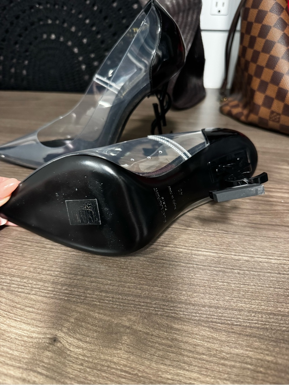Saint Laurent Black Patent & Clear PVC Pointed Toe Pump with YSL Logo Heel - Picture 6 of 10